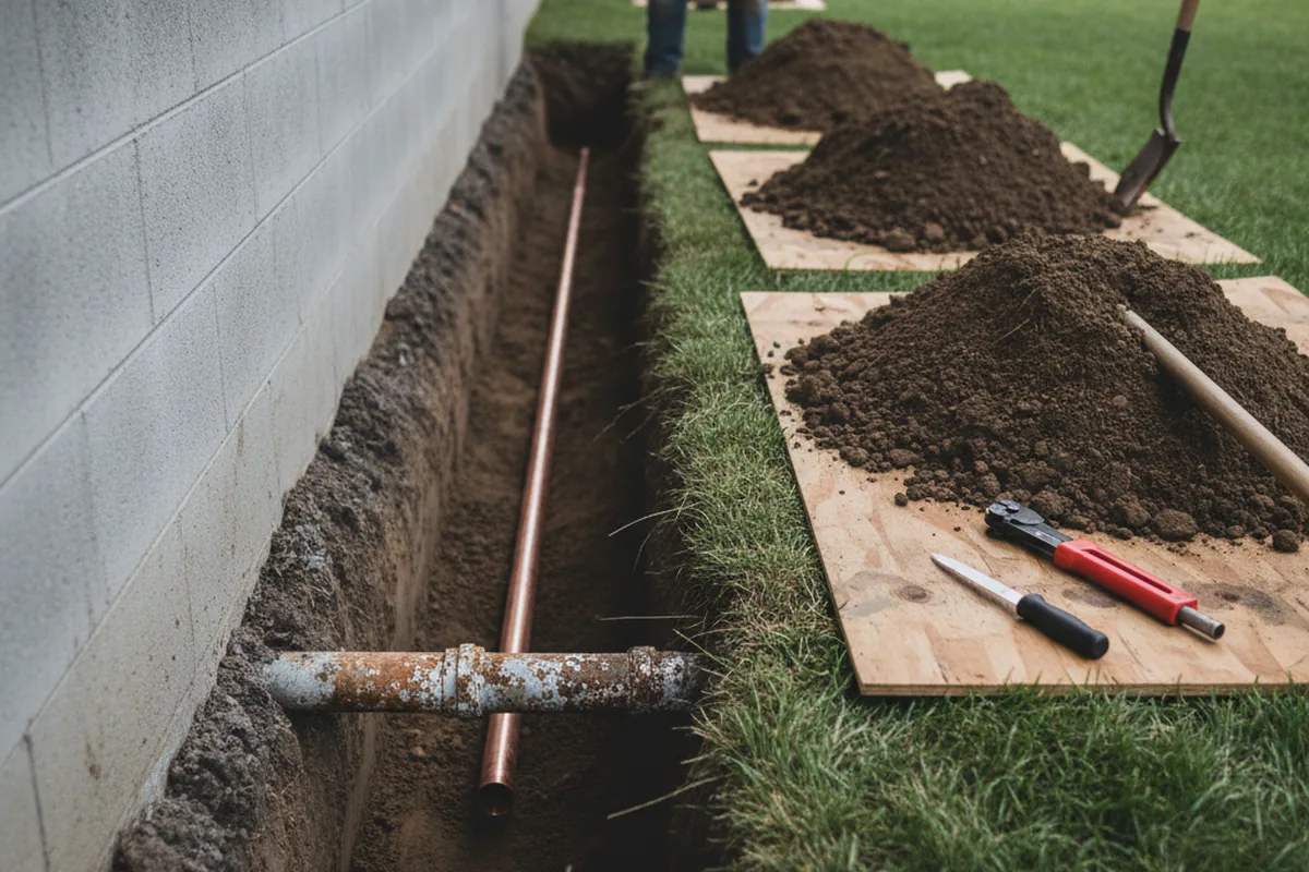 Excavated water line trench during Water Softener Installation in Gorham